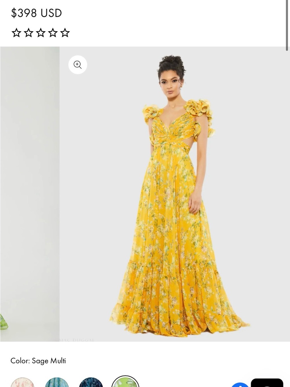 Mac Duggal Yellow Floral Ruffled-Sleeve Maxi Gown